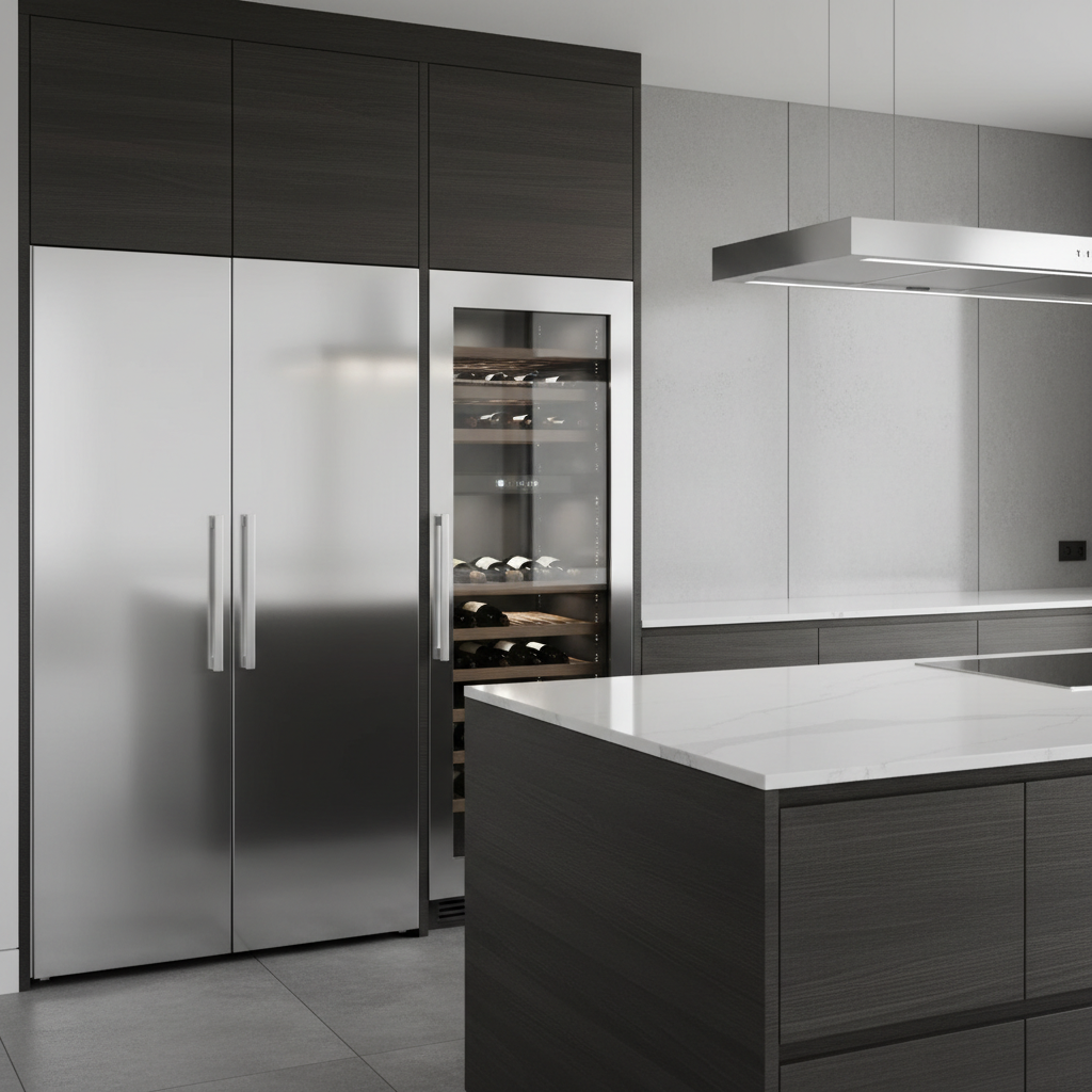 High-end kitchen with built-in refrigerator and wine cooler